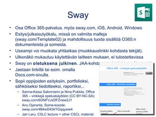 Adobe Spark
• Adobe Sparkiin kuuluu kolme sovellusta (Post, Page, Video).
• Pc-koneen selaimella pääset sovelluksiin yhdellä kirjautumisella,
mobiililaitteella kunkin sovellus tulee ladata erikseen.
• Voit aina käyttää tyhjää pohjaa tai valita esityksen tekoa helpottavan mallin
esim. Teach & Inspire tai Tell a Story.
 