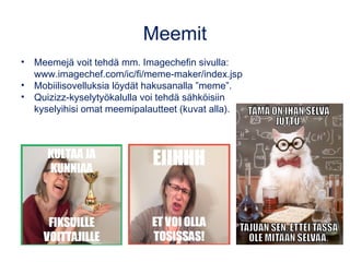 Moodle-kirja
• Kirjan tekeminen on helppoa, vaikkei juuri Moodlea tuntisikaan.
• Kirjan voi avata julkiseksi tai rajata sen näkyvyyden.
• Oppaita Moodlen kirjatoiminnon käyttöön:
– Tay: learning2.uta.fi/mod/page/view.php?id=250  Aineistot
– Karelia amk: moodle2.karelia.fi/mod/book/view.php?id=2&chapterid=27
 