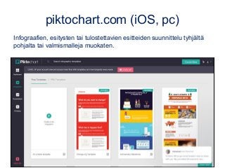 piktochart.com (iOS, pc)
Infograafien, esitysten tai tulostettavien esitteiden suunnittelu tyhjältä
pohjalta tai valmismalleja muokaten.
 