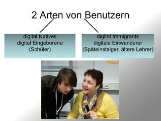 2 Arten von Benutzern

   digital Natives          digital Immigrants
digital Eingeborene       digitale Einwanderer
      (Schüler)       (Späteinsteiger, ältere Lehrer)
 