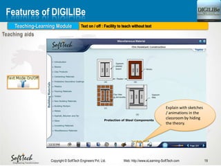 Text on / off : Facility to teach without text
19Copyright © SoftTech Engineers Pvt. Ltd. Web: http://www.eLearning-SoftTech.com
Features of DIGILIBe
Teaching-Learning Module
Explain with sketches
/ animations in the
classroom by hiding
the theory.
 
