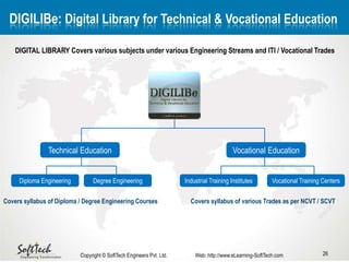 26
DIGILIBe: Digital Library for Technical & Vocational Education
Copyright © SoftTech Engineers Pvt. Ltd. Web: http://www.eLearning-SoftTech.com
Technical Education Vocational Education
Diploma Engineering Degree Engineering Industrial Training Institutes Vocational Training Centers
DIGITAL LIBRARY Covers various subjects under various Engineering Streams and ITI / Vocational Trades
Covers syllabus of Diploma / Degree Engineering Courses Covers syllabus of various Trades as per NCVT / SCVT
 