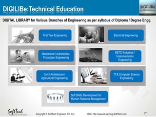DIGILIBe:Technical Education
27
First Year Engineering Electrical Engineering
E&TC/ Industrial /
Instrumentation
Engineering
Mechanical / Automobile /
Production Engineering
Civil / Architecture /
Agricultural Engineering
Copyright © SoftTech Engineers Pvt. Ltd. Web: http://www.eLearning-SoftTech.com
DIGITAL LIBRARY for Various Branches of Engineering as per syllabus of Diploma / Degree Engg.
IT & Computer Science
Engineering
Soft Skill’s Development for
Human Resource Management
 