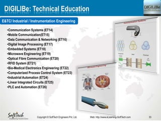 33Copyright © SoftTech Engineers Pvt. Ltd. Web: http://www.eLearning-SoftTech.com
DIGILIBe: Technical Education
•Communication Systems (ET14)
•Mobile Communication(ET15)
•Data Communication & Networking (ET16)
•Digital Image Processing (ET17)
•Embedded Systems (ET18)
•Microwave Engineering (ET19)
•Optical Fibre Communication (ET20)
•RFID System (ET21)
•Bio-Medical Electronics Engineering (ET22)
•Computerized Process Control System (ET23)
•Industrial Automation (ET24)
•Linear Integrated Circuits (ET25)
•PLC and Automation (ET26)
E&TC/ Industrial / Instrumentation Engineering
 