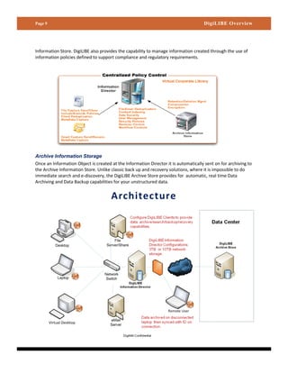 Page 9                                                                               DigiLIBE Overview




Information Store. DigiLIBE also provides the capability to manage information created through the use of
information policies defined to support compliance and regulatory requirements.




Archive Information Storage
Once an Information Object is created at the Information Director it is automatically sent on for archiving to
the Archive Information Store. Unlike classic back up and recovery solutions, where it is impossible to do
immediate search and e-discovery, the DigiLIBE Archive Store provides for automatic, real time Data
Archiving and Data Backup capabilities for your unstructured data.


                                      Architecture
 