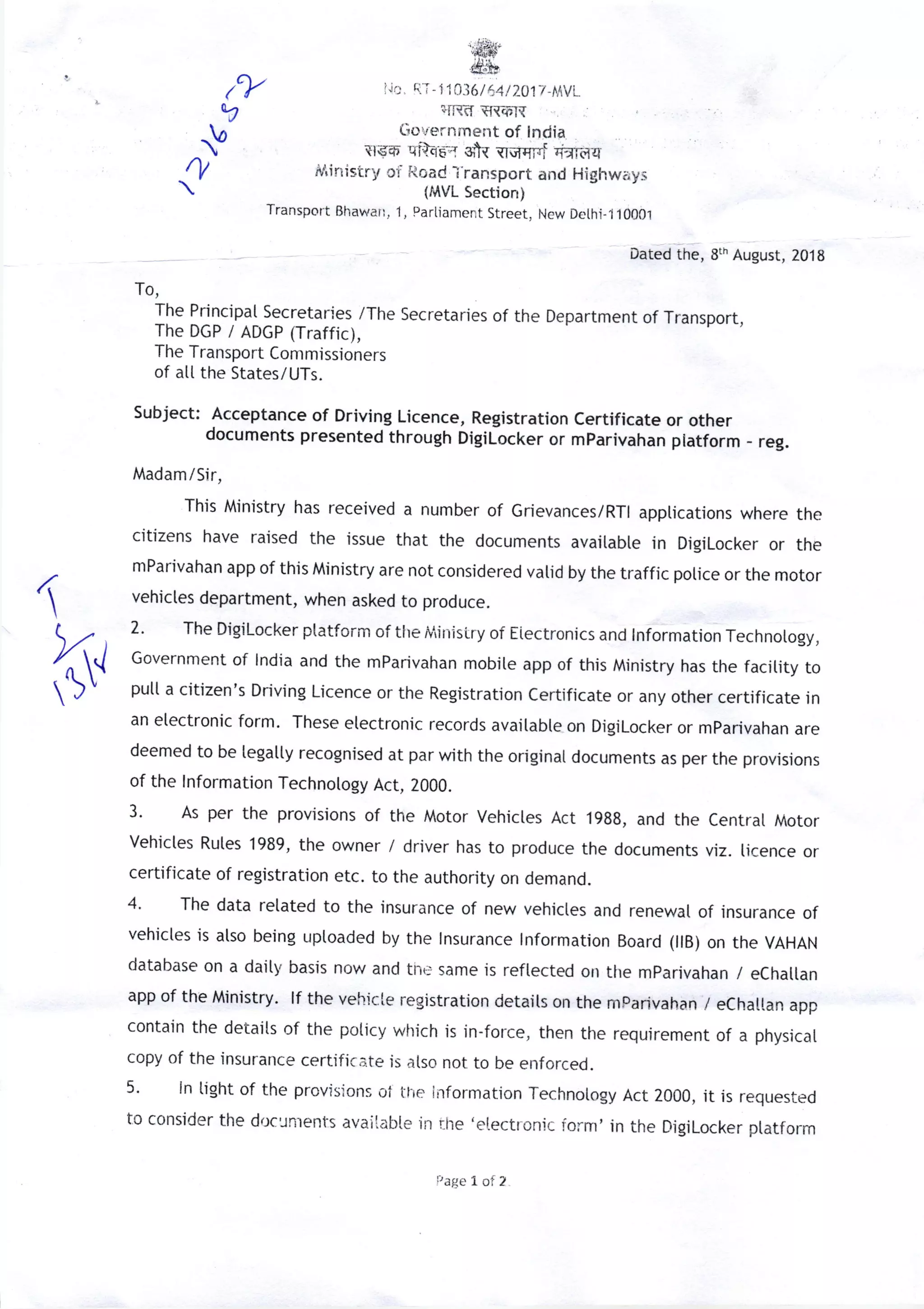 Circular No.25/2018 KERALA POLICE DEPT. – Acceptance of Driving License ...