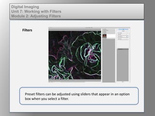 Digital Imaging
Unit 7: Working with Filters
Module 2: Adjusting Filters
Filters
Preset filters can be adjusted using sliders that appear in an option
box when you select a filter.
 