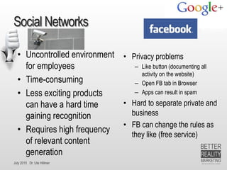 July 2015 Dr. Ute Hillmer
Social Networks
• Uncontrolled environment
for employees
• Time-consuming
• Less exciting products
can have a hard time
gaining recognition
• Requires high frequency
of relevant content
generation
• Privacy problems
– Like button (documenting all
activity on the website)
– Open FB tab in Browser
– Apps can result in spam
• Hard to separate private and
business
• FB can change the rules as
they like (free service)
Practice
 