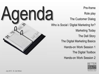 July 2015 Dr. Ute Hillmer
Agenda
Pre-frame
Role play
The Customer Dialog
Who is Social / Digital Marketing for?
Marketing Today
The Dell Story
The Digital Marketing Basics
Hands-on Work Session 1
The Digital Toolbox
Hands-on Work Session 2
 