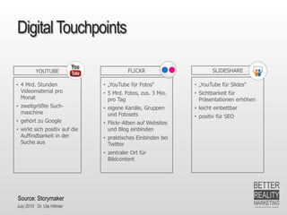 July 2015 Dr. Ute Hillmer
Digital Touchpoints
YOUTUBE FLICKR
• 4 Mrd. Stunden
Videomaterial pro
Monat
• zweitgrößte Such-
maschine
• gehört zu Google
• wirkt sich positiv auf die
Auffindbarkeit in der
Suche aus
• „YouTube für Fotos“
• 5 Mrd. Fotos, zus. 3 Mio.
pro Tag
• eigene Kanäle, Gruppen
und Fotosets
• Flickr-Alben auf Websites
und Blog einbinden
• praktisches Einbinden bei
Twitter
• zentraler Ort für
Bildcontent
• „YouTube für Slides“
• Sichtbarkeit für
Präsentationen erhöhen
• leicht einbettbar
• positiv für SEO
SLIDESHARE
Source: Storymaker
 
