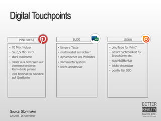 July 2015 Dr. Ute Hillmer
Digital Touchpoints
PINTEREST BLOG
• längere Texte
• multimedial anreichern
• dynamischer als Websites
• Kommentarsystem
• leicht anpassbar
• 70 Mio. Nutzer
• ca. 0,5 Mio. in D
• stark wachsend
• Bilder aus dem Web auf
themenorientierte
Pinnwände pinnen
• Pins beinhalten Backlink
auf Quellseite
• „YouTube für Print“
• erhöht Sichtbarkeit für
Broschüren etc.
• durchblätterbar
• leicht einbettbar
• positiv für SEO
ISSUU
Source: Storymaker
 