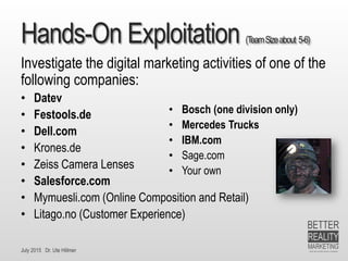 July 2015 Dr. Ute Hillmer
Hands-On Exploitation (TeamSizeabout 5-6)
Investigate the digital marketing activities of one of the
following companies:
• Datev
• Festools.de
• Dell.com
• Krones.de
• Zeiss Camera Lenses
• Salesforce.com
• Mymuesli.com (Online Composition and Retail)
• Litago.no (Customer Experience)
• Bosch (one division only)
• Mercedes Trucks
• IBM.com
• Sage.com
• Your own
 