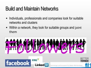 July 2015 Dr. Ute Hillmer
Build and Maintain Networks
Followers
 Individuals, professionals and companies look for suitable
networks and clusters
 Within a network, they look for suitable groups and joint
them
 