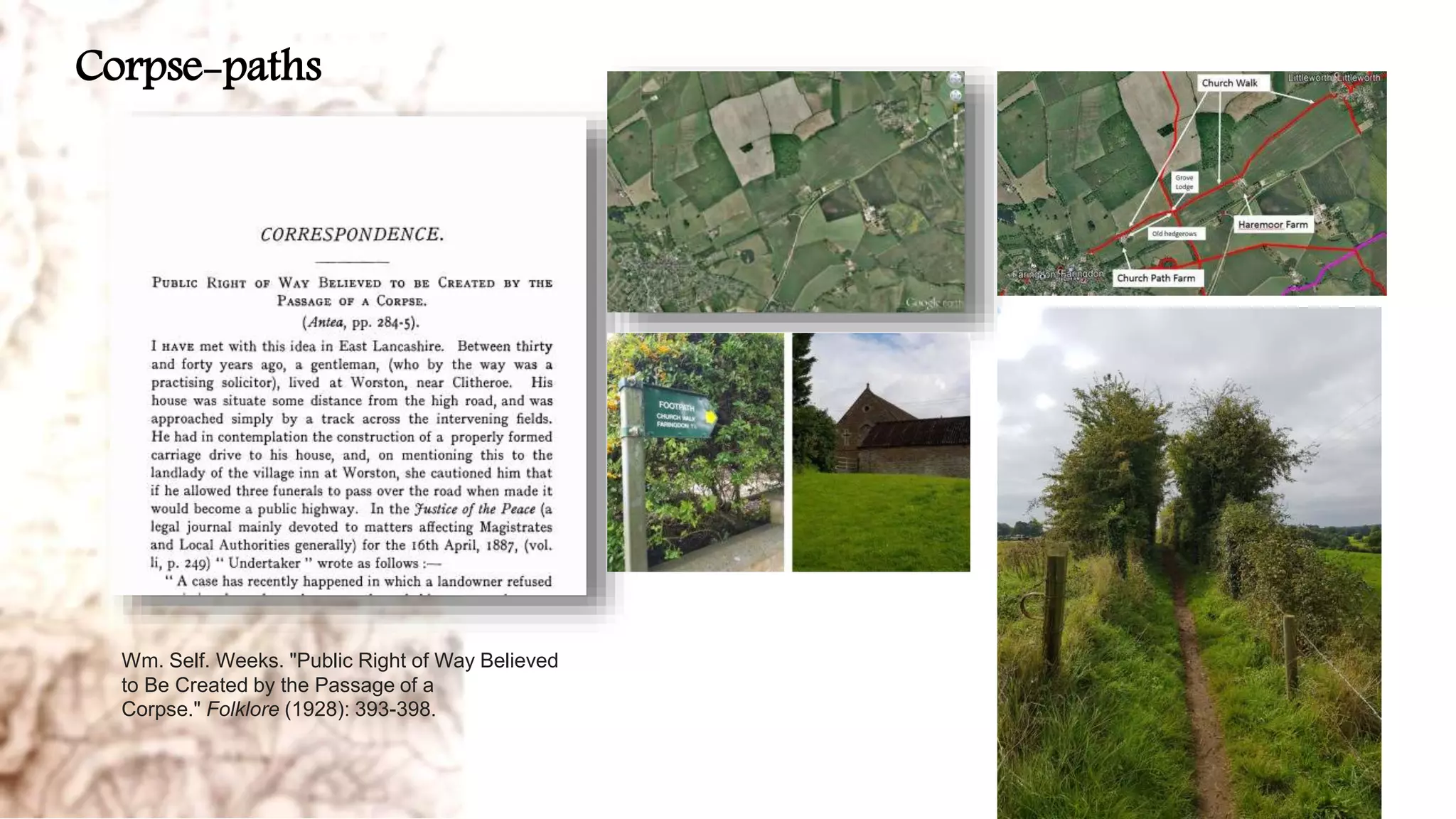 Wm. Self. Weeks. "Public Right of Way Believed
to Be Created by the Passage of a
Corpse." Folklore (1928): 393-398.
Corpse-paths