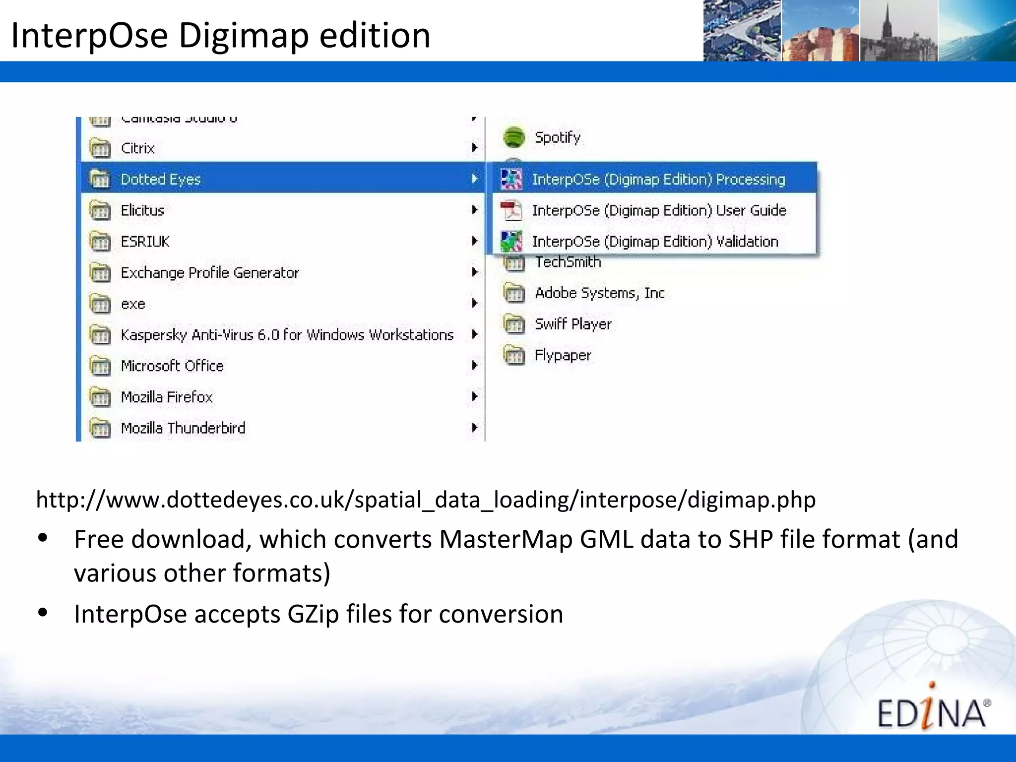 InterpOse Digimap edition




 http://www.dottedeyes.co.uk/spatial_data_loading/interpose/digimap.php
 • Free download, which converts MasterMap GML data to SHP file format (and
   various other formats)
 • InterpOse accepts GZip files for conversion
 