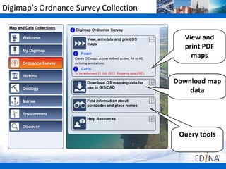 Digimap’s Ordnance Survey Collection


                                         View and
                                         print PDF
                                           maps


                                       Download map
                                           data




                                        Query tools
 