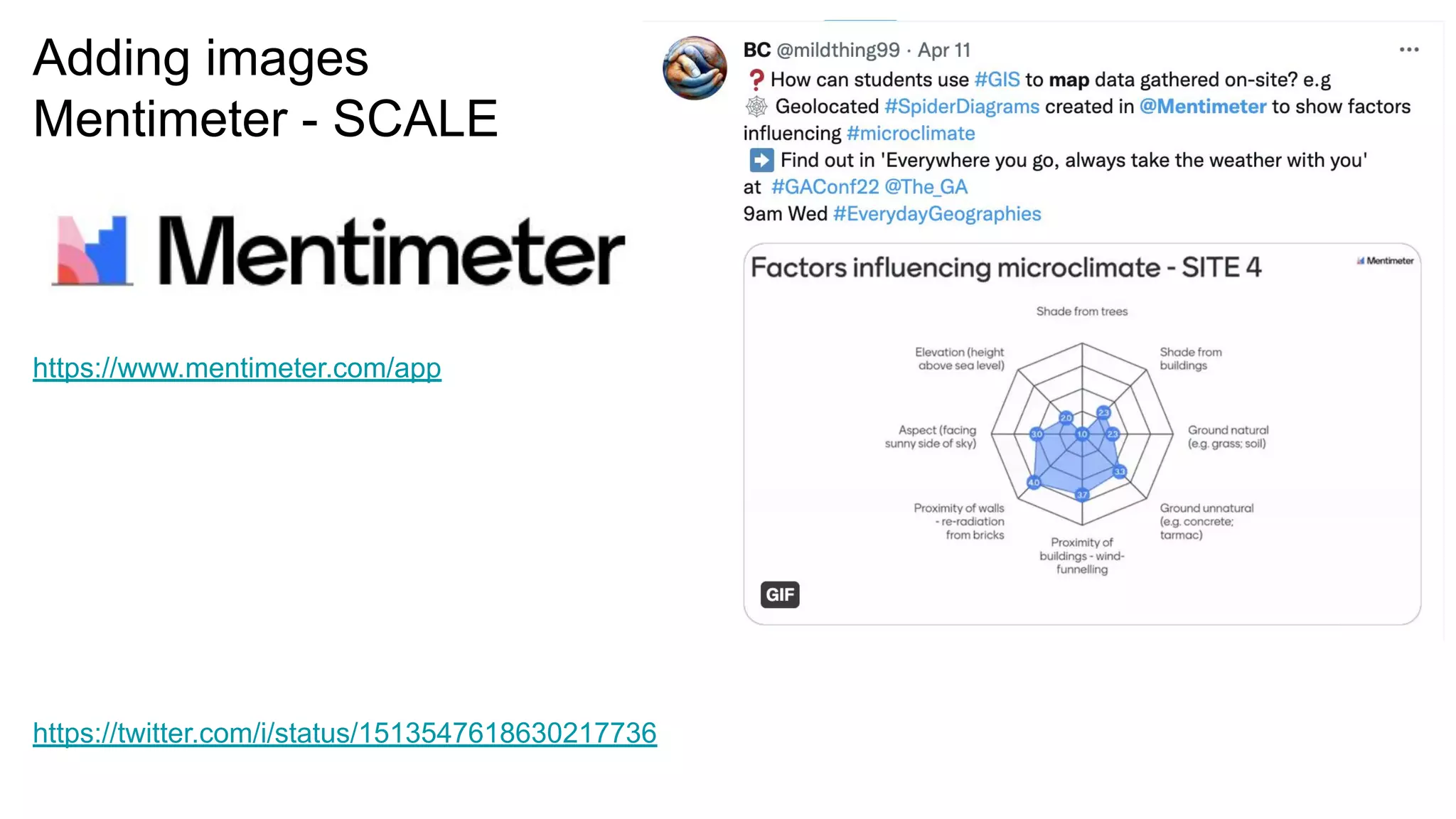 Adding images
Mentimeter - SCALE
https://twitter.com/i/status/1513547618630217736
https://www.mentimeter.com/app
 