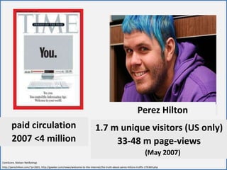 Perez Hilton paid circulation2007 <4 million1.7 m unique visitors (US only)33-48 m page-views (May 2007)ComScore, Nielsen NetRatingshttp://perezhilton.com/?p=2601, http://gawker.com/news/welcome-to-the-internet/the-truth-about-perez-hiltons-traffic-276369.php