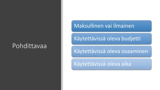 Pohdittavaa
Maksullinen vai ilmainen
Käytettävissä oleva budjetti
Käytettävissä oleva osaaminen
Käytettävissä oleva aika
 