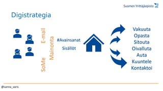 Digistrategia
#Avainsanat
Sisällöt
SoMe
Vakuuta
Opasta
Sitouta
Oivalluta
Auta
Kuuntele
Kontaktoi
E-mail
Mainonta
@sanna_varis
 