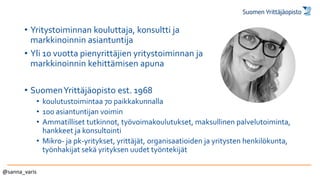 • Yritystoiminnan kouluttaja, konsultti ja
markkinoinnin asiantuntija
• Yli 10 vuotta pienyrittäjien yritystoiminnan ja
markkinoinnin kehittämisen apuna
• SuomenYrittäjäopisto est. 1968
• koulutustoimintaa 70 paikkakunnalla
• 100 asiantuntijan voimin
• Ammatilliset tutkinnot, työvoimakoulutukset, maksullinen palvelutoiminta,
hankkeet ja konsultointi
• Mikro- ja pk-yritykset, yrittäjät, organisaatioiden ja yritysten henkilökunta,
työnhakijat sekä yrityksen uudet työntekijät
@sanna_varis
 