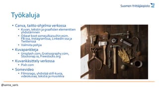 Työkaluja
• Canva, taitto-ohjelma verkossa
• Kuvan, tekstin ja graafisten elementtien
yhdistäminen
• Oikeat koot somejulkaisuihin esim.
FB:ssa, Instagramissa, LinkedIn:ssa ja
Twitterissä
• Valmiita pohjia
• Kuvapankkeja
• Unsplash.com,Gratisography.com,
Stocksnap.io, Freestocks.org
• Kuvankäsittely verkossa
• Pixlr.com
• Somevideo
• Filmorago, yhdistää still-kuvia,
videokuvaa, tekstiä ja musiikkia
@sanna_varis
 