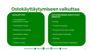 Ostokäyttäytymiseenvaikuttaa
OSTAJATYYPIT
• Taloudellinen/
rationaalinen ostaja
• Yksilöllinen ostaja
• Mielihyvän tavoittelija
• Sosiaalinen ostaja
• Eettinen ostaja
• Innoton ostaja
OSTOPÄÄTÖKSIIN VAIKUTTAVAT
HENKILÖT
• Ostaja
• Tuotteen käyttäjä
• Ostoprosessin käynnistäjä
• Asiantuntija/vaikuttaja
• Päättäjä
• Portinvartija (tiedon kuljettajat)
21.10.2016 18
 