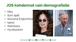 JOS kohdennat vain demografialle
• Mies
• Synt. 1948
• Kasvanut Englannissa
• lapsia
• Naimisissa
• Hyvätuloinen
 