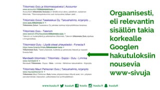 Maksettua
Google-
mainonta
a
Orgaanisesti,
eli relevantin
sisällön takia
korkealle
Googlen
hakutuloksiin
nousevia
www-sivuja
 