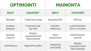 OPTIMOINTI MAINONTA
EDUT HAASTEET EDUT HAASTEET
”Ilmaista” Vaatii resursseja
Sisällön
elinkaari
Tulokset eivät
näy heti
Sisällön
volyymi
Kilpailu
suosituimmista
hakusanoista
Autenttisuus Algoritmin pelko
Kävijöitä HETI Maksaa
Kohden-
nettavuus
Lyhytkestoinen
teho, ei viraalia
ROI:n
laskeminen
Antimainonta-
asenne
Helpompi
ymmärtää
Kilpailu
suosituimmista
hakusanoista
 