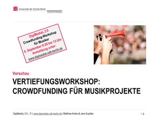 Vorschau

VERTIEFUNGSWORKSHOP:
CROWDFUNDING FÜR MUSIKPROJEKTE

DigiMediaL 2.0 _11 | www.digimedial.udk-berlin.de | Matthias Krebs & Jens Kupillas   / 9
 
