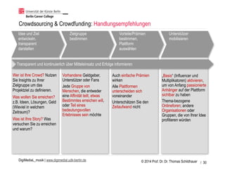 © 2014 Prof. Dr. Dr. Thomas SchildhauerDigiMediaL_musik | www.digimedial.udk-berlin.de
Idee und Ziel
entwickeln,
transparent
darstellen
Zielgruppe
bestimmen
Vorteile/Prämien
bestimmen,
Plattform
auswählen
Unterstützer
mobilisieren
Wer ist Ihre Crowd? Nutzen
Sie Insights zu Ihrer
Zielgruppe um das
Projektziel zu definieren.
Was wollen Sie erreichen?
z.B. Ideen, Lösungen, Geld
(Wieviel in welchem
Zeitraum)?
Was ist Ihre Story? Was
versuchen Sie zu erreichen
und warum?
 
Vorhandene Geldgeber,
Unterstützer oder Fans
Jede Gruppe von
Menschen, die entweder
eine Affinität teilt, etwas
Bestimmtes erreichen will,
oder Teil eines
bedeutungsvollen
Erlebnisses sein möchte
Auch einfache Prämien
wirken
Alle Plattformen
unterscheiden sich
voneinander
Unterschätzen Sie den
Zeitaufwand nicht
„Basis“ (Influencer und
Multiplikatoren) aktivieren,
um von Anfang passionierte
Anhänger auf der Plattform
sichtbar zu haben
Thema-bezogene
Onlineforen; andere
Organisationen oder
Gruppen, die von Ihrer Idee
profitieren würden
Transparent und kontinuierlich über Mitteleinsatz und Erfolge informieren
Crowdsourcing & Crowdfunding: Handlungsempfehlungen
/ 30
 