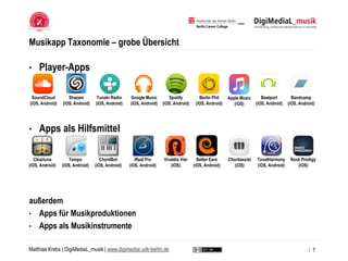 Matthias Krebs | DigiMediaL_musik | www.digimedial.udk-berlin.de
Musikapp Taxonomie – grobe Übersicht
• Player-Apps
• Apps...