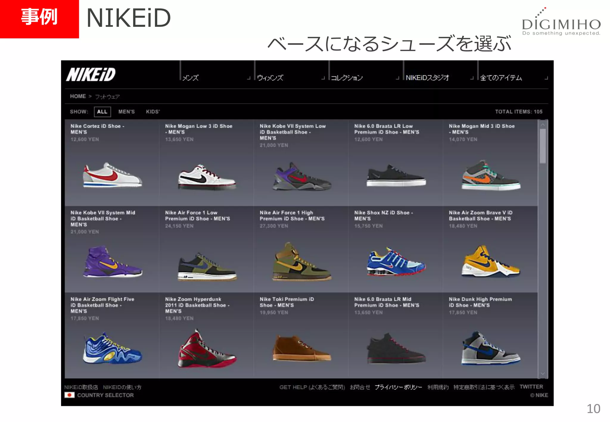 事例   NIKEiD
              ベースになるシューズを選ぶ




                              10
 