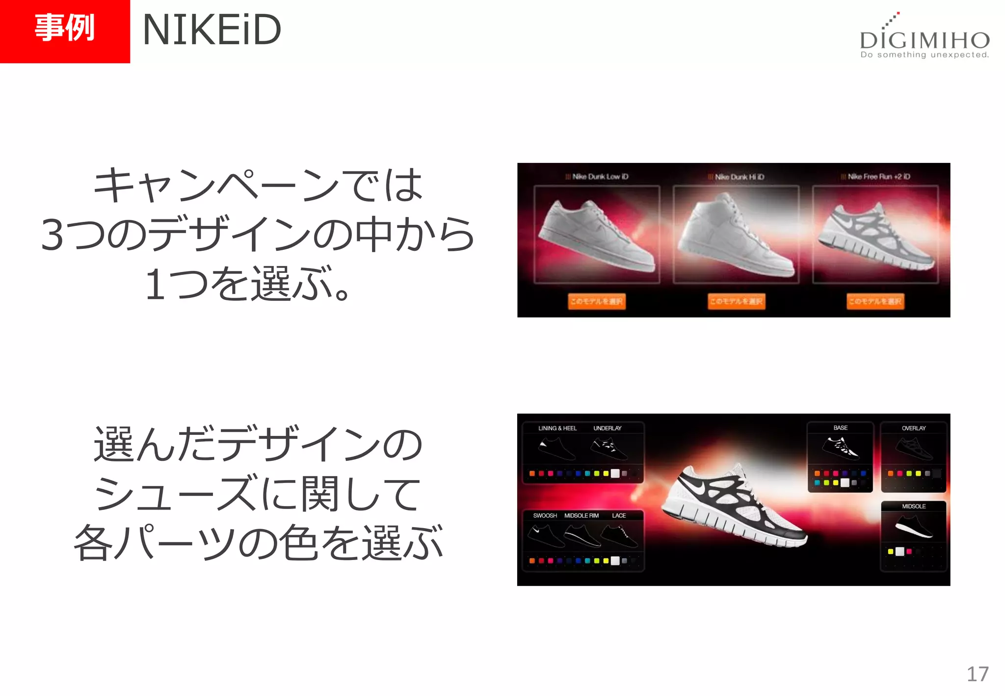 事例   NIKEiD


  キャンペーンでは
3つのデザインの中から
   1つを選ぶ。


  選んだデザインの
  シューズに関して
 各パーツの色を選ぶ

              17
 