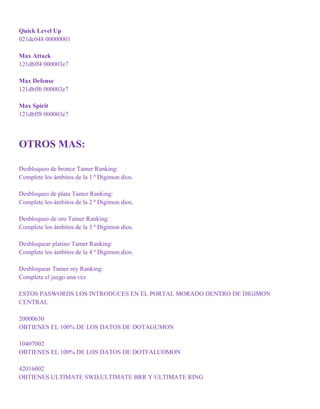 Quick Level Up
021dc048 00000001
Max Attack
121dbff4 000003e7
Max Defense
121dbff6 000003e7
Max Spirit
121dbff8 000003e7
OTROS MAS:
Desbloqueo de bronce Tamer Ranking:
Complete los ámbitos de la 1 ª Digimon dios.
Desbloqueo de plata Tamer Ranking:
Complete los ámbitos de la 2 ª Digimon dios.
Desbloqueo de oro Tamer Ranking:
Complete los ámbitos de la 3 ª Digimon dios.
Desbloquear platino Tamer Ranking:
Complete los ámbitos de la 4 ª Digimon dios.
Desbloquear Tamer rey Ranking:
Completa el juego una vez
ESTOS PASWORDS LOS INTRODUCES EN EL PORTAL MORADO DENTRO DE DIGIMON
CENTRAL
20000630
OBTIENES EL 100% DE LOS DATOS DE DOTAGUMON
10407002
OBTIENES EL 100% DE LOS DATOS DE DOTFALCOMON
42016002
OBTIENES ULTIMATE SWD,ULTIMATE BRR Y ULTIMATE RING
 