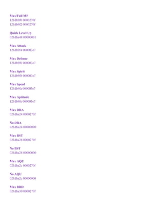 Max/Full MP
121db9f0 0000270f
121db9f2 0000270f
Quick Level Up
021dba48 00000001
Max Attack
121db9f4 000003e7
Max Defense
121db9f6 000003e7
Max Spirit
121db9f8 000003e7
Max Speed
121db9fa 000003e7
Max Aptitude
121db9fe 000003e7
Max DRA
021dba24 0000270f
No DRA
021dba24 00000000
Max BST
021dba28 0000270f
No BST
021dba28 00000000
Max AQU
021dba2c 0000270f
No AQU
021dba2c 00000000
Max BRD
021dba30 0000270f
 