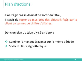 Digimood | agence marketing digital 
Plan d’actions 
18 
Il ne s’agit pas seulement de sortir du filtre ; 
Il s’agit de rester au plus près des objectifs fixés par le client en termes de chiffre d’affaires. 
Donc un plan d’action divisé en deux : 
Combler le manque à gagner sur la même période 
Sortir du filtre algorithmique  