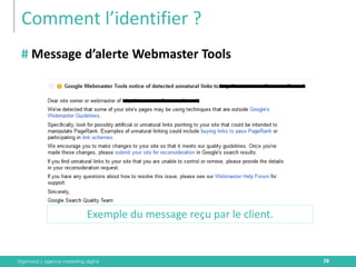 Digimood | agence marketing digital 
Comment l’identifier ? 
28 
# Message d’alerte Webmaster Tools 
Exemple du message reçu par le client.  