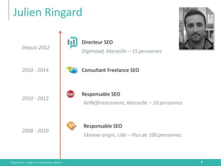 Digimood | agence marketing digital 
Julien Ringard 
Directeur SEO 
3 
Responsable SEO 
Responsable SEO 
Consultant Freelance SEO 
Digimood, Marseille – 15 personnes 
KelRéférencement, Marseille – 10 personnes 
Ekinoxe origin, Lille – Plus de 100 personnes 
Depuis 2012 
2010 - 2014 
2010 - 2012 
2008 - 2010  