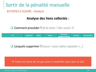 Digimood | agence marketing digital 
Sortir de la pénalité manuelle 
34 
Analyse des liens collectés : 
Comment procéder ? (à la main ? des outils ?) 
Lesquels supprimer ? (ceux « sans valeur ajoutée »…) 
# ETAPES A SUIVRE - Analyse 
 Faites en sorte de ne pas avoir à revérifier quoi que ce soit  