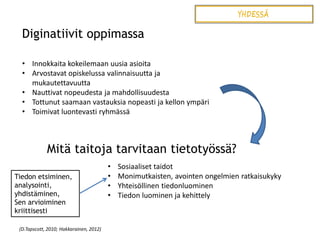Diginatiivit oppimassa
• Innokkaita kokeilemaan uusia asioita
• Arvostavat opiskelussa valinnaisuutta ja
mukautettavuutta
• Nauttivat nopeudesta ja mahdollisuudesta
• Tottunut saamaan vastauksia nopeasti ja kellon ympäri
• Toimivat luontevasti ryhmässä

Mitä taitoja tarvitaan tietotyössä?
Tiedon etsiminen,
analysointi,
yhdistäminen,
Sen arvioiminen
kriittisesti
(D.Tapscott, 2010; Hakkarainen, 2012)

•
•
•
•

Sosiaaliset taidot
Monimutkaisten, avointen ongelmien ratkaisukyky
Yhteisöllinen tiedonluominen
Tiedon luominen ja kehittely

 