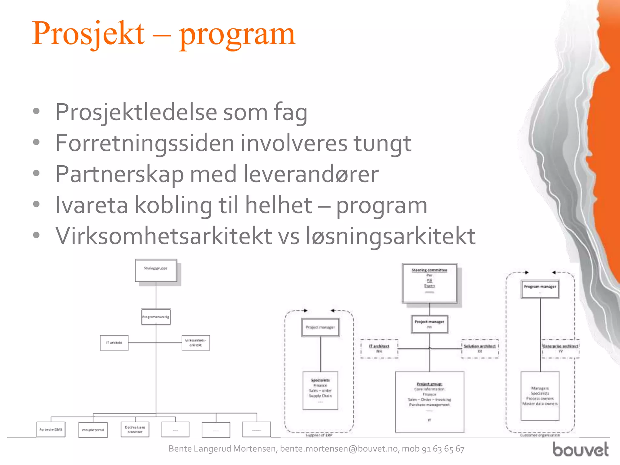 Prosjekt – program

•   Prosjektledelse som fag
•   Forretningssiden involveres tungt
•   Partnerskap med leverandører
•   Ivareta kobling til helhet – program
•   Virksomhetsarkitekt vs løsningsarkitekt




              Bente Langerud Mortensen, bente.mortensen@bouvet.no, mob 91 63 65 67
 