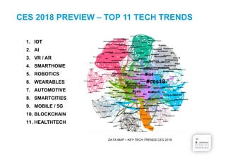 CES 2018 PREVIEW – TOP 11 TECH TRENDS
1. IOT
2. AI
3. VR / AR
4. SMARTHOME
5. ROBOTICS
6. WEARABLES
7. AUTOMOTIVE
8. SMARTCITIES
9. MOBILE / 5G
10. BLOCKCHAIN
11. HEALTHTECH
DATA MAP – KEY TECH TRENDS CES 2018
 