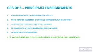 CES 2018 – PRINCIPAUX ENSEIGNEMENTS
1. AI ET IOT VECTEURS DE LA TRANSFORMATION DIGITALE
2. AR/VR : RÉALITÉS AUGMENTÉE ET VIRTUELLE S’IMPOSENT FUTUR DE L’INTERNET
3. LA FRENCHTECH PILIER DE LA SCENE TECH MONDIALE
4. 5G : BEAUCOUP D’ATTENTES MAIS ENCORE DES CONFUSIONS
5. LA QUESTION DU FUTUREOFWORK
+ LE TOP DES MARQUES ET DES INFLUENCEURS MONDIAUX ET FRANÇAIS !
 