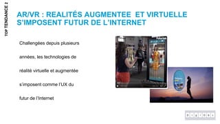 AR/VR : REALITÉS AUGMENTEE ET VIRTUELLE
S’IMPOSENT FUTUR DE L’INTERNET
Challengées depuis plusieurs
années, les technologies de
réalité virtuelle et augmentée
s’imposent comme l’UX du
futur de l’Internet
TOPTENDANCE2
 