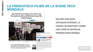 LA FRENCHTECH PILIER DE LA SCENE TECH
MONDIALE
TOPTENDANCE3
MALGRE QUELQUES
CRITIQUES INTERNES, LA
FRANCE SE MAINTIENT COMME
UNE STARTUP NATION DE
PREMIER RANG MONDIAL
 