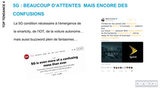 5G : BEAUCOUP D’ATTENTES MAIS ENCORE DES
CONFUSIONS
TOPTENDANCE4
La 5G condition nécessaire à l’émergence de
la smartcity, de l’IOT, de la voiture autonome…
mais aussi buzzword plein de fantasmes…
 
