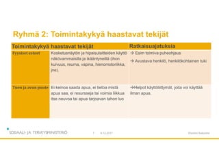 Ryhmä 2: Toimintakykyä haastavat tekijät
9.12.20177 Etunimi Sukunimi
Toimintakykyä haastavat tekijät Ratkaisuajatuksia
Fyysiset esteet Kosketusnäytön ja hipaisulaitteiden käyttö
näkövammaisilla ja ikääntyneillä (ihon
kuivuus, reuma, vapina, hienomotoriikka,
jne).
 Esim toimiva puheohjaus
 Avustava henkilö, henkilökohtainen tuki
Tuen ja avun puute Ei keinoa saada apua, ei tietoa mistä
apua saa, ei resursseja tai voimia liikkua
itse neuvoa tai apua tarjoavan tahon luo
Helpot käyttöliittymät, joita voi käyttää
ilman apua.
 