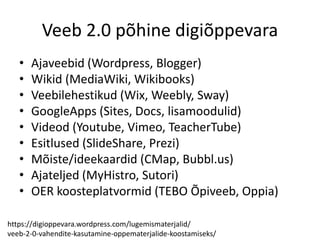 Veeb 2.0 põhine digiõppevara
• Ajaveebid (Wordpress, Blogger)
• Wikid (MediaWiki, Wikibooks)
• Veebilehestikud (Wix, Weebly, Sway)
• GoogleApps (Sites, Docs, lisamoodulid)
• Videod (Youtube, Vimeo, TeacherTube)
• Esitlused (SlideShare, Prezi)
• Mõiste/ideekaardid (CMap, Bubbl.us)
• Ajateljed (MyHistro, Sutori)
• OER koosteplatvormid (TEBO Õpiveeb, Oppia)
https://digioppevara.wordpress.com/lugemismaterjalid/
veeb-2-0-vahendite-kasutamine-oppematerjalide-koostamiseks/
 